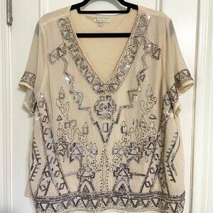 B Skies Are Blue women's 1X cream sheer lined short sleeve flowy beaded top